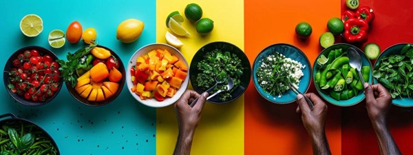 A color blocked table filled with equally colorful fruits and vegetables