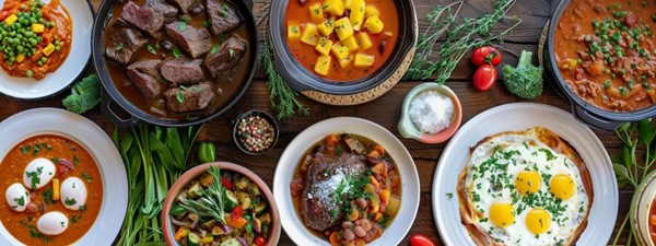 A variety of dishes are arranged on a wooden table. They include stews, cooked meat, vegetables, and a dish with eggs. Fresh herbs and peppers are scattered around the plates.