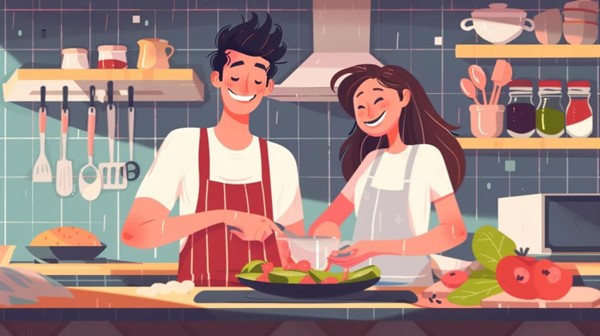 A cute cartoon of two happy people cooking together