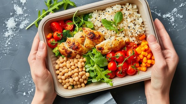 A healthy pre-made meal with chicken, rice and tomatoes