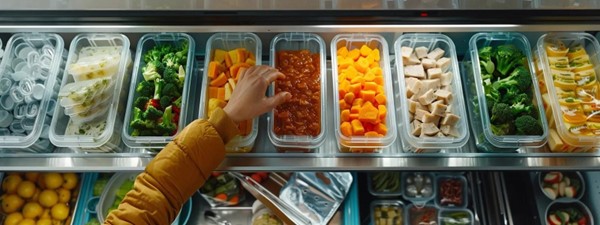 A person's arm reaching for an assortment of veggies