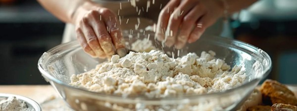 Hands mixing flour and other dry ingredients in a large glass bowl.